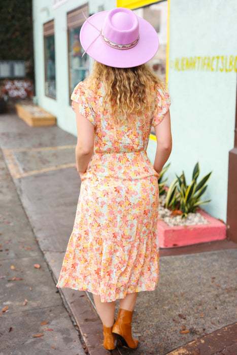 Floral Print Elastic Waist Ruffle Midi Dress