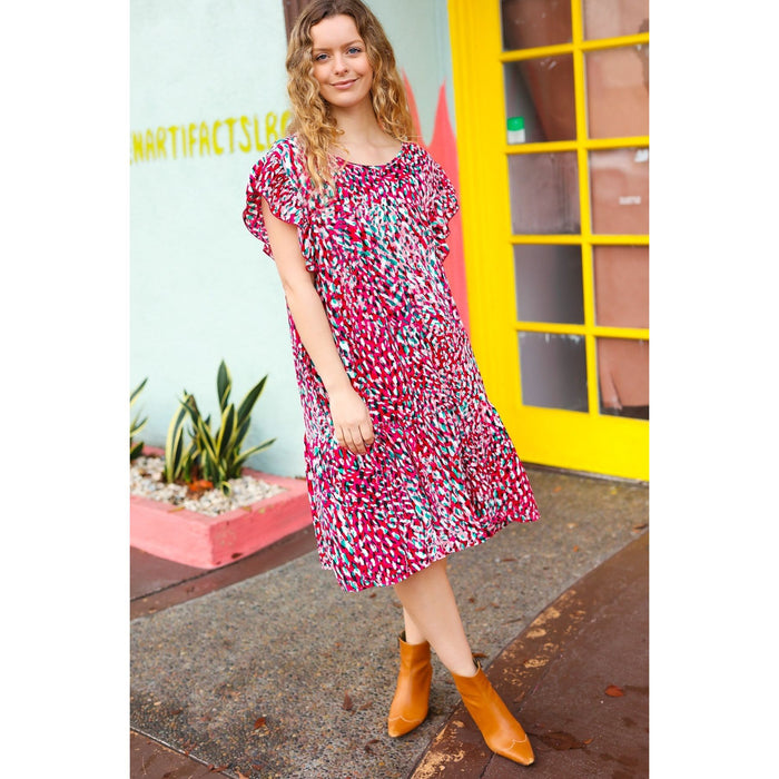 Fuchsia & Teal Abstract Dot Yoke Woven Dress