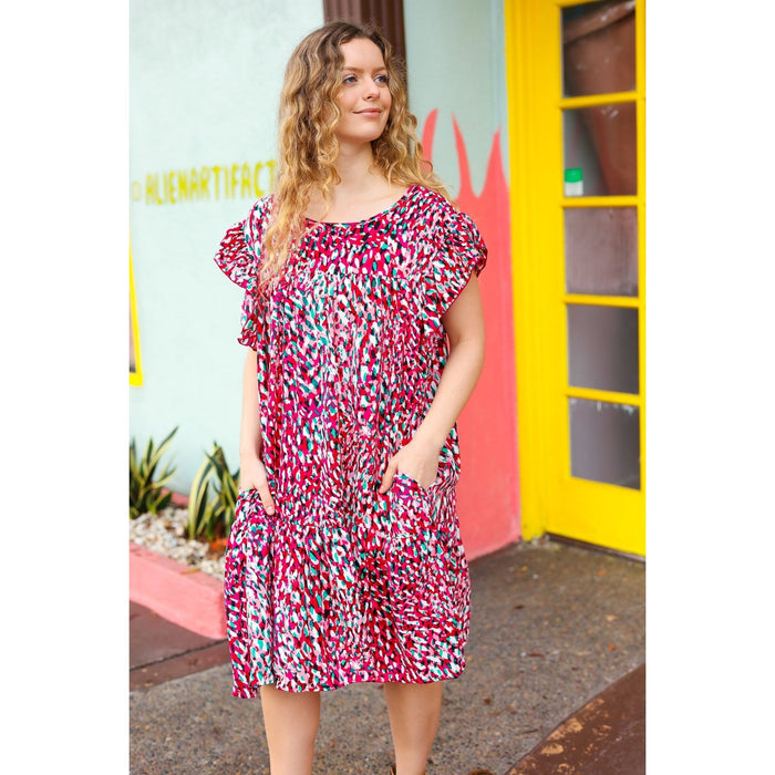 Fuchsia & Teal Abstract Dot Yoke Woven Dress