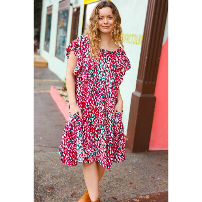 Fuchsia & Teal Abstract Dot Yoke Woven Dress