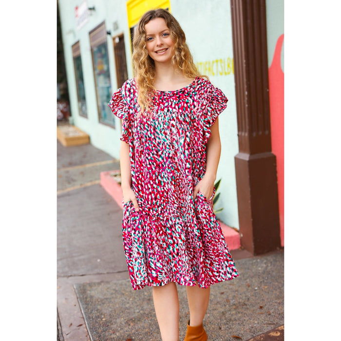 Fuchsia & Teal Abstract Dot Yoke Woven Dress