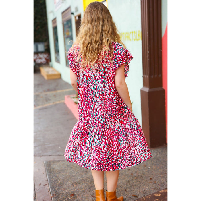 Fuchsia & Teal Abstract Dot Yoke Woven Dress