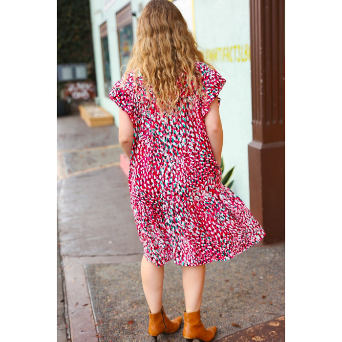 Fuchsia & Teal Abstract Dot Yoke Woven Dress