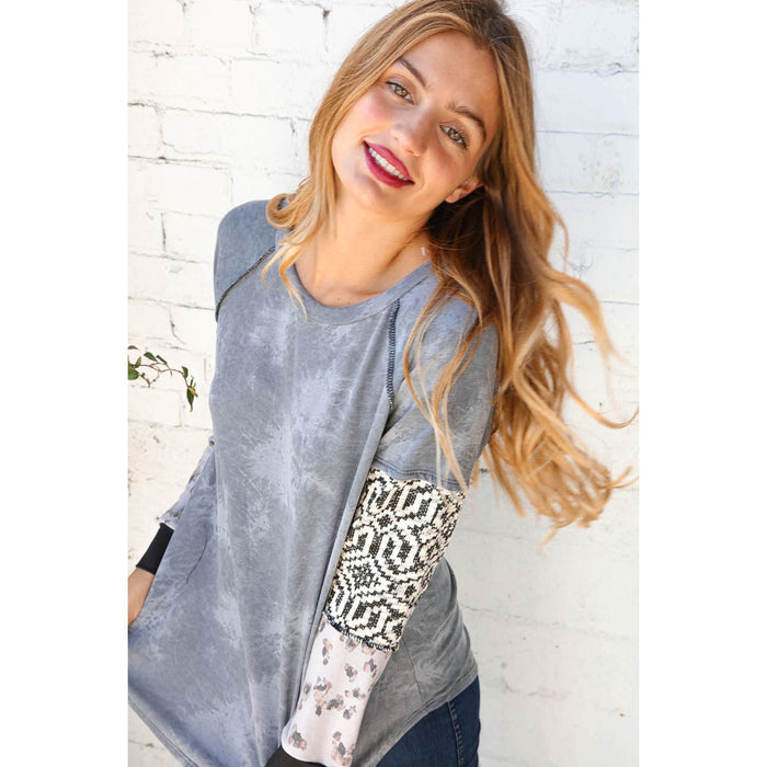 Tie Dye Aztec Color Block Raglan Out Seam Top