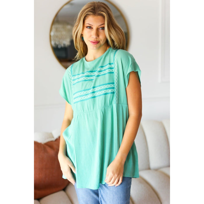 Mint Embroidered Woven Short Sleeve Dolman Top