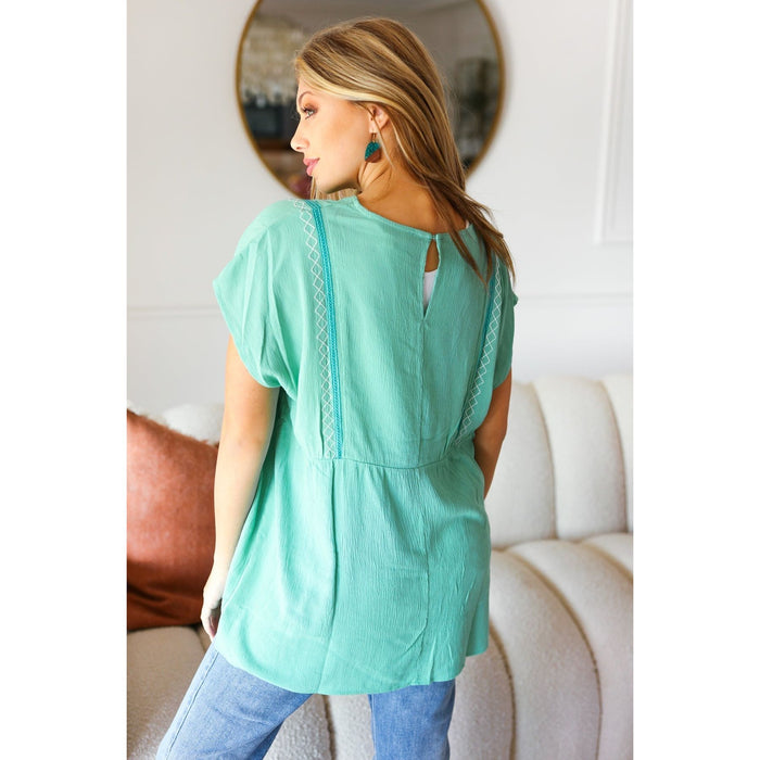 Mint Embroidered Woven Short Sleeve Dolman Top