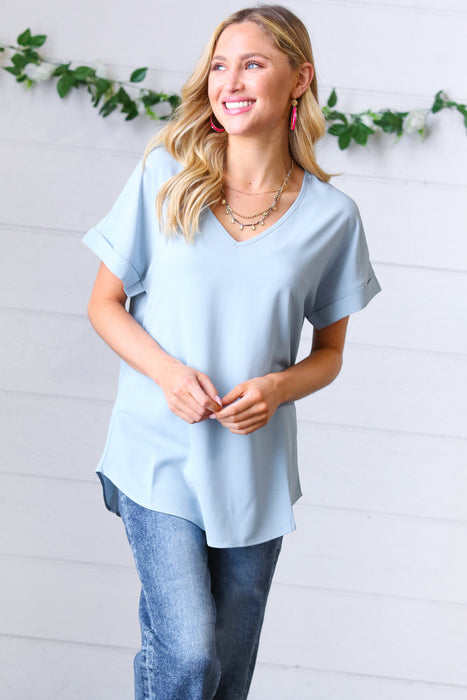 Zenana Ash Blue Wool Dobby Rolled Sleeve V Neck Top