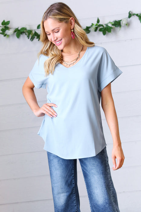 Zenana Ash Blue Wool Dobby Rolled Sleeve V Neck Top