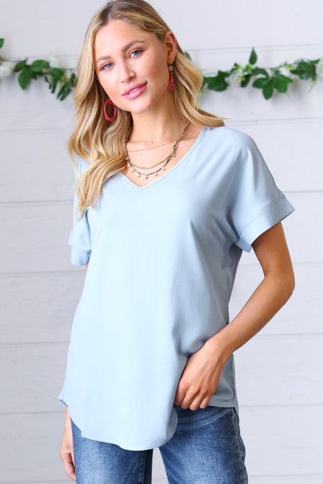 Zenana Ash Blue Wool Dobby Rolled Sleeve V Neck Top