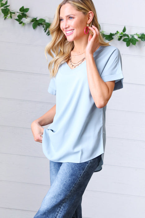 Zenana Ash Blue Wool Dobby Rolled Sleeve V Neck Top