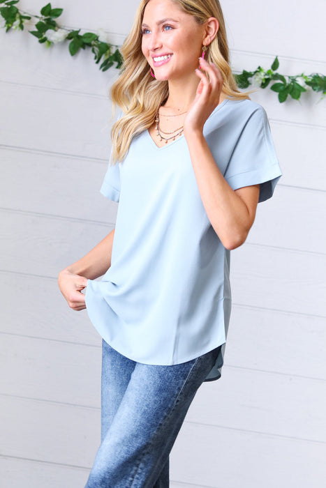 Zenana Ash Blue Wool Dobby Rolled Sleeve V Neck Top