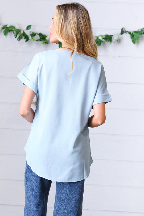 Zenana Ash Blue Wool Dobby Rolled Sleeve V Neck Top