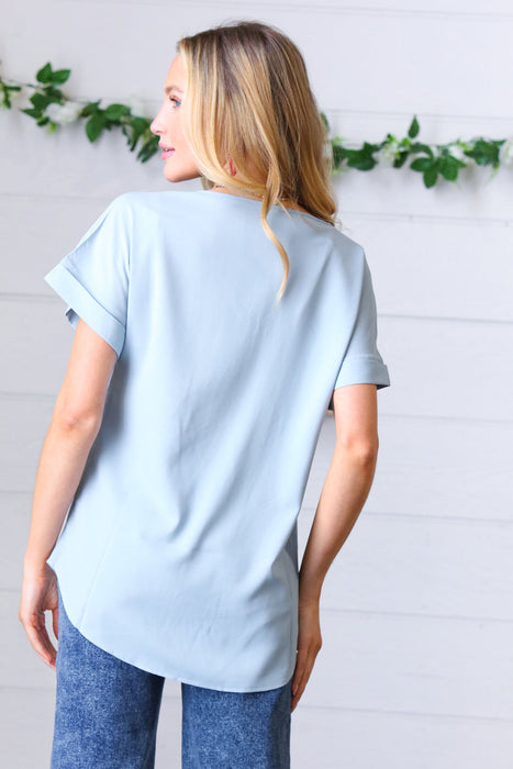 Zenana Ash Blue Wool Dobby Rolled Sleeve V Neck Top