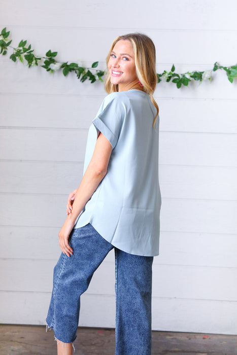 Zenana Ash Blue Wool Dobby Rolled Sleeve V Neck Top