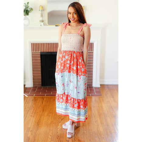 Vacay Vibes Taupe Floral Smocked Tube Top Tiered Maxi Dress