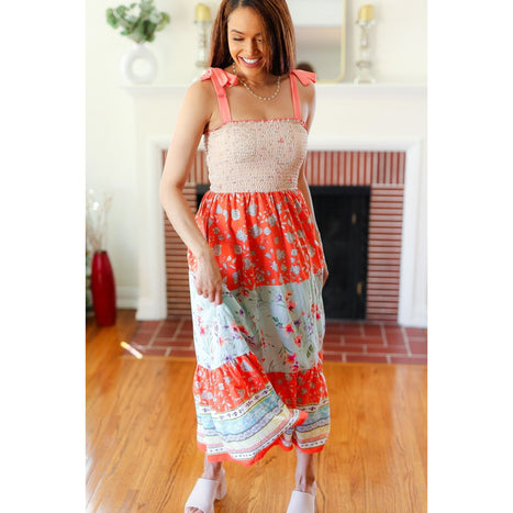 Vacay Vibes Taupe Floral Smocked Tube Top Tiered Maxi Dress