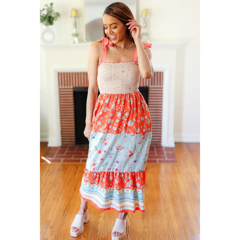 Vacay Vibes Taupe Floral Smocked Tube Top Tiered Maxi Dress