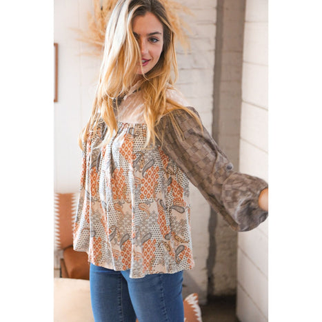 Taupe Paisley Print Houndstooth Mock Neck Top