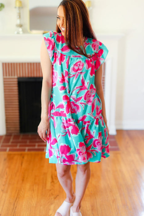 Diva Dreaming Aqua & Fuchsia Floral Print Tiered Ruffle Sleeve Dress