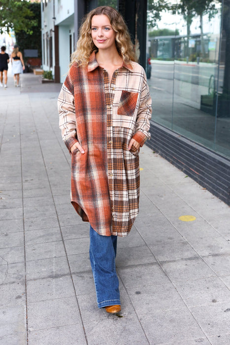 Rust & Taupe Color Block Plaid Longline Shacket