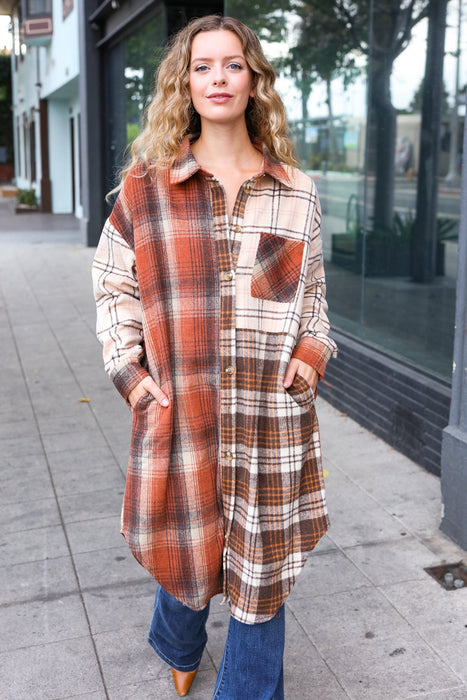 Rust & Taupe Color Block Plaid Longline Shacket