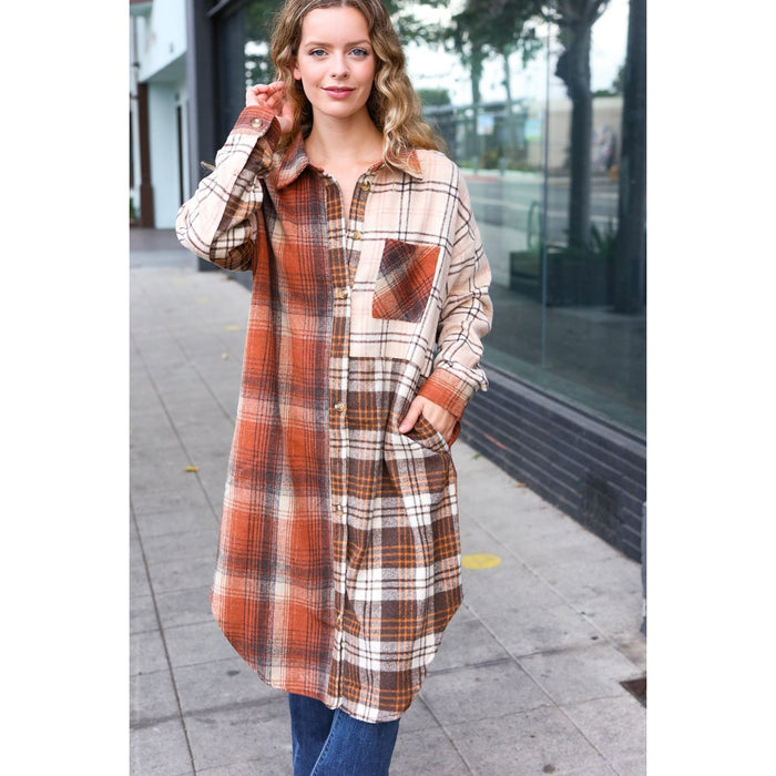 Rust & Taupe Color Block Plaid Longline Shacket