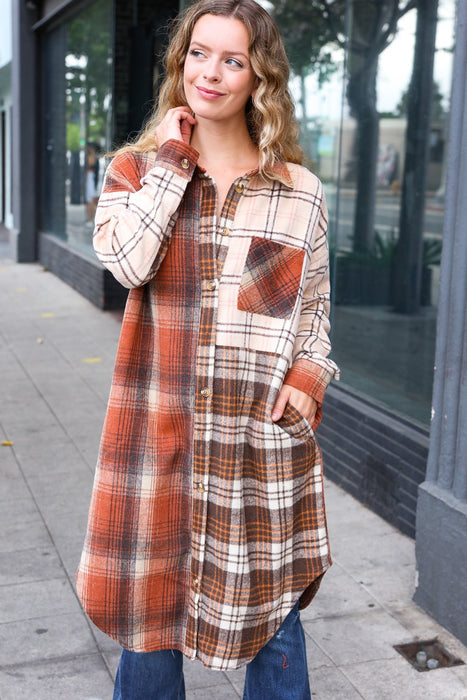 Rust & Taupe Color Block Plaid Longline Shacket