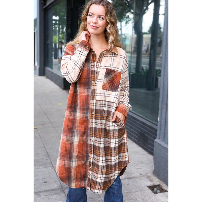 Rust & Taupe Color Block Plaid Longline Shacket