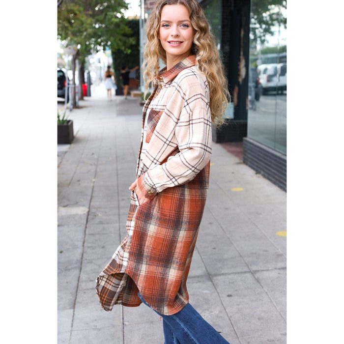 Rust & Taupe Color Block Plaid Longline Shacket