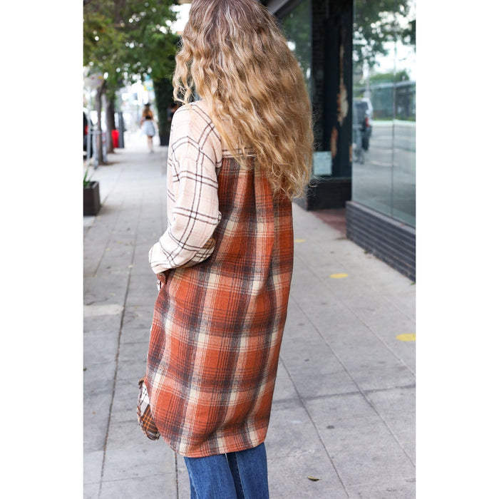 Rust & Taupe Color Block Plaid Longline Shacket