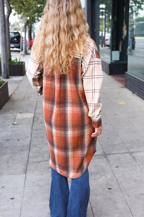 Rust & Taupe Color Block Plaid Longline Shacket