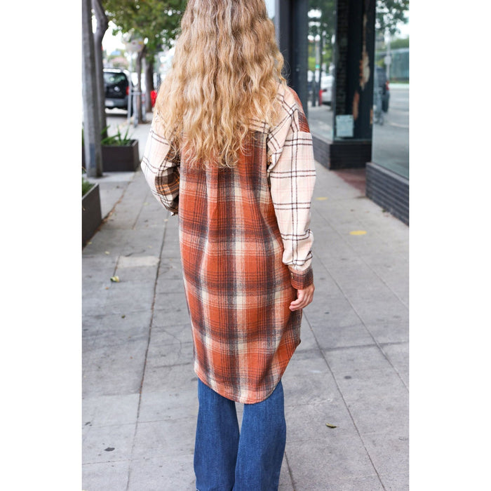 Rust & Taupe Color Block Plaid Longline Shacket