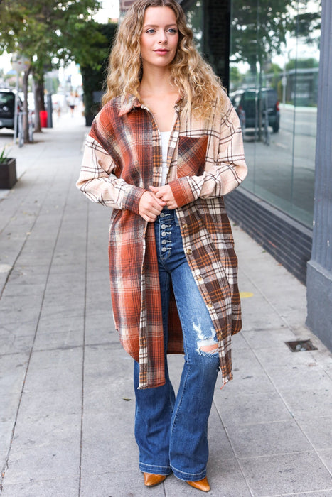 Rust & Taupe Color Block Plaid Longline Shacket