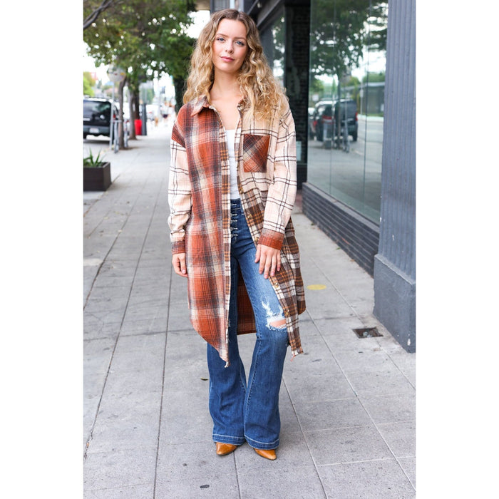 Rust & Taupe Color Block Plaid Longline Shacket