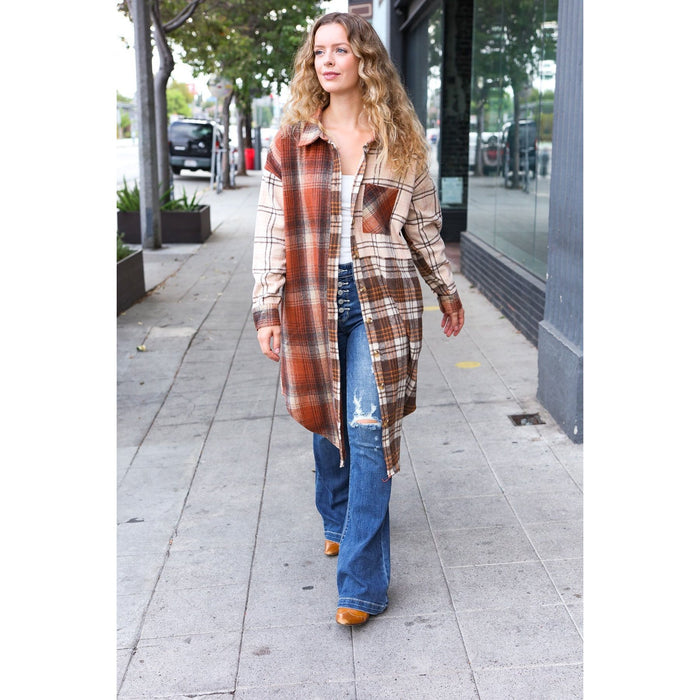 Rust & Taupe Color Block Plaid Longline Shacket