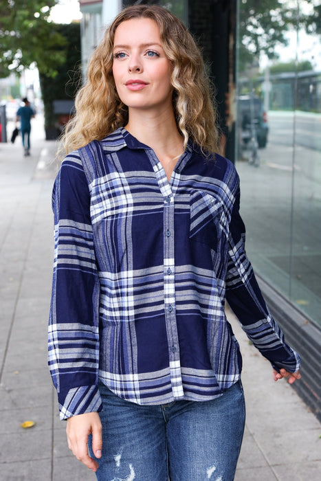 Blue Plaid Button Down Long Sleeve Top