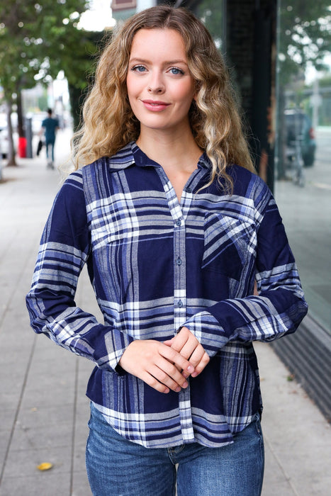 Blue Plaid Button Down Long Sleeve Top