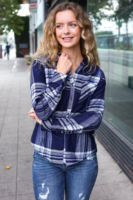 Blue Plaid Button Down Long Sleeve Top