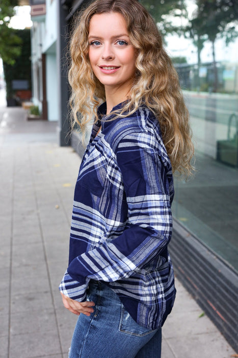 Blue Plaid Button Down Long Sleeve Top