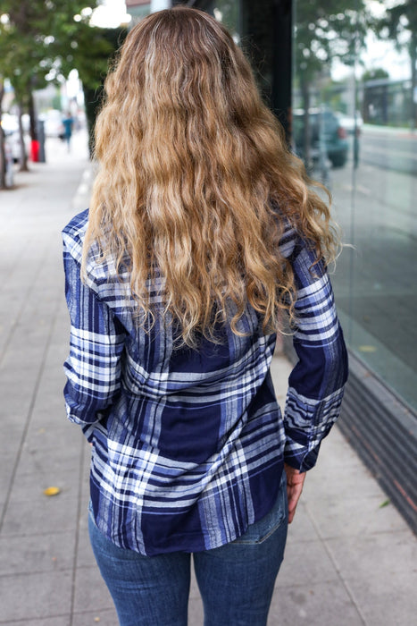 Blue Plaid Button Down Long Sleeve Top