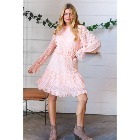 Peach Pleated Lace Bubble Sleeve Lined Dress