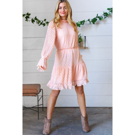 Peach Pleated Lace Bubble Sleeve Lined Dress