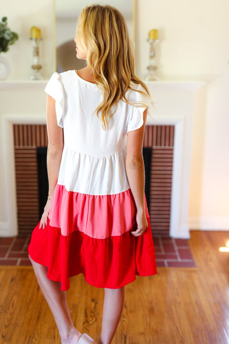 Peach & Cherry Red Tiered Frill Sleeve Midi Dress