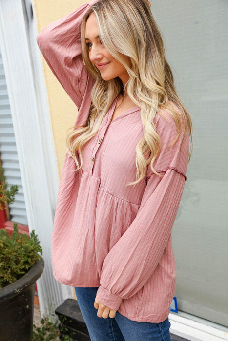 Button Detail Babydoll Outseam Bubble Sleeve Top