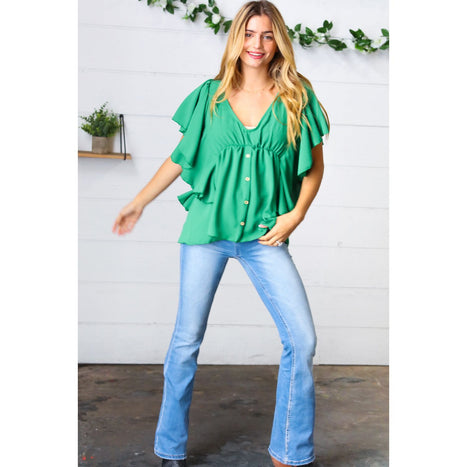 Sea Green Button Ruffle Woven Top