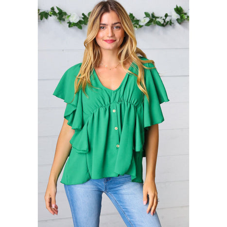 Sea Green Button Ruffle Woven Top