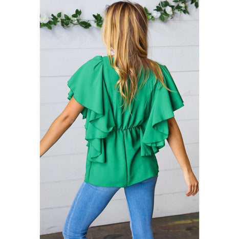 Sea Green Button Ruffle Woven Top