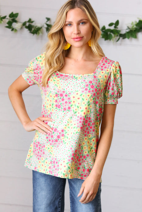 HapticsCanary/Mint Floral Square Neck Bubble Sleeve Top