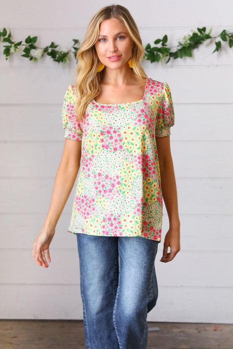 HapticsCanary/Mint Floral Square Neck Bubble Sleeve Top