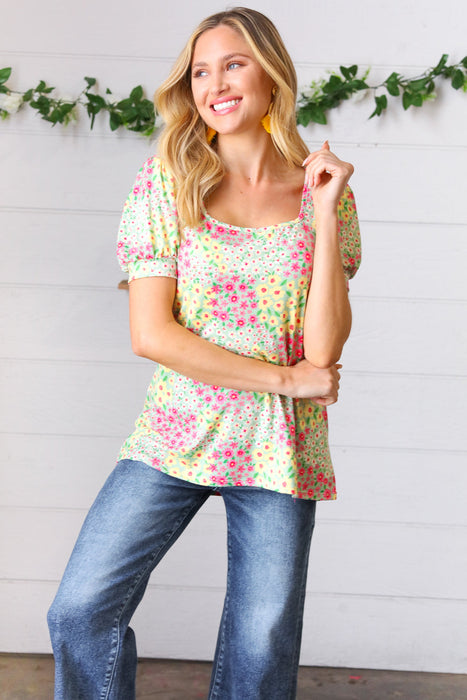 HapticsCanary/Mint Floral Square Neck Bubble Sleeve Top